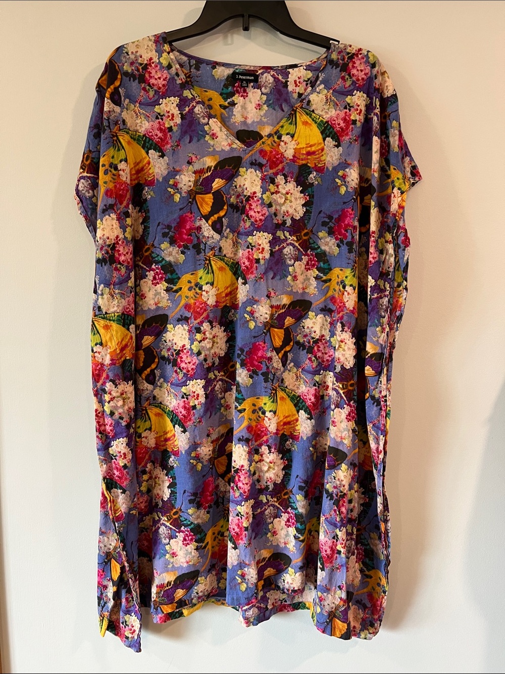 J. Peterman - Purple Floral & Butterfly V-Neck Tunic, xl